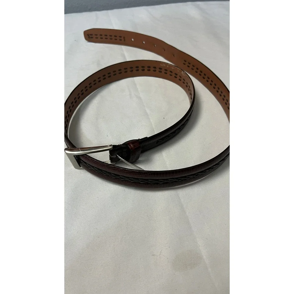 Brown Lizard Embossed Leather Belt with Braided Inlay Silver‎ Buckle 46 Inch